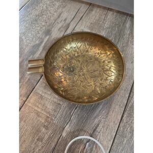 Vintage Gold Brass Floral Engraved Decor Ashtray made in India